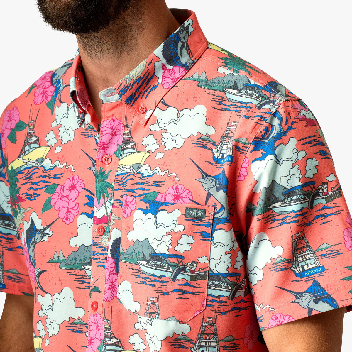 Mens AFTCO Boatbar Printed Button Down Fishing Shirt